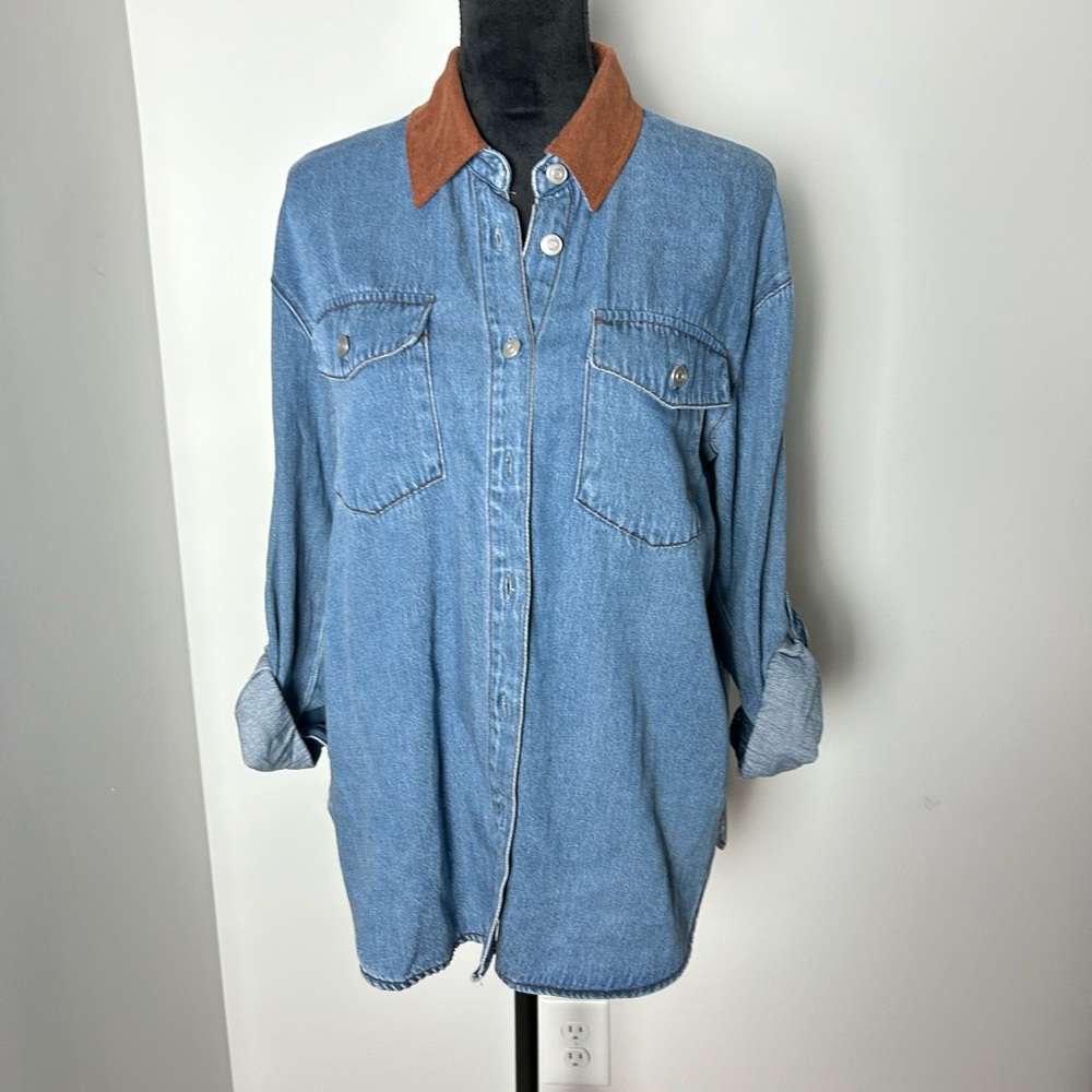 Women Denim Shirt with corduroy  brown Collar